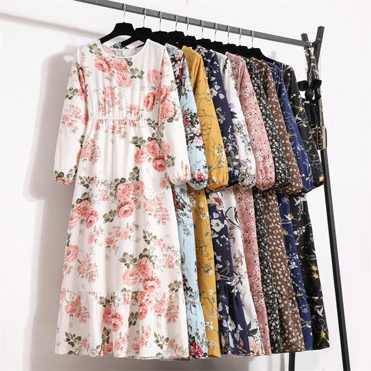 Spring Summer Women Maxi Dresses Casual Full Sleeve Floral