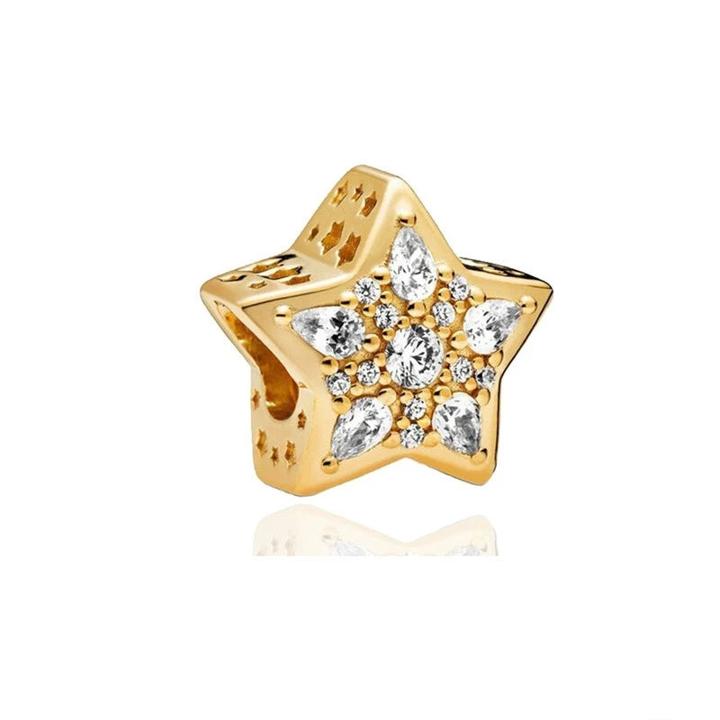 Gold Plated Pink Daisy And Clear Heart Charm Bead 925