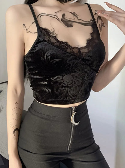Womens Skeleton Print Crop Top Black Lace 90s Aesthetic