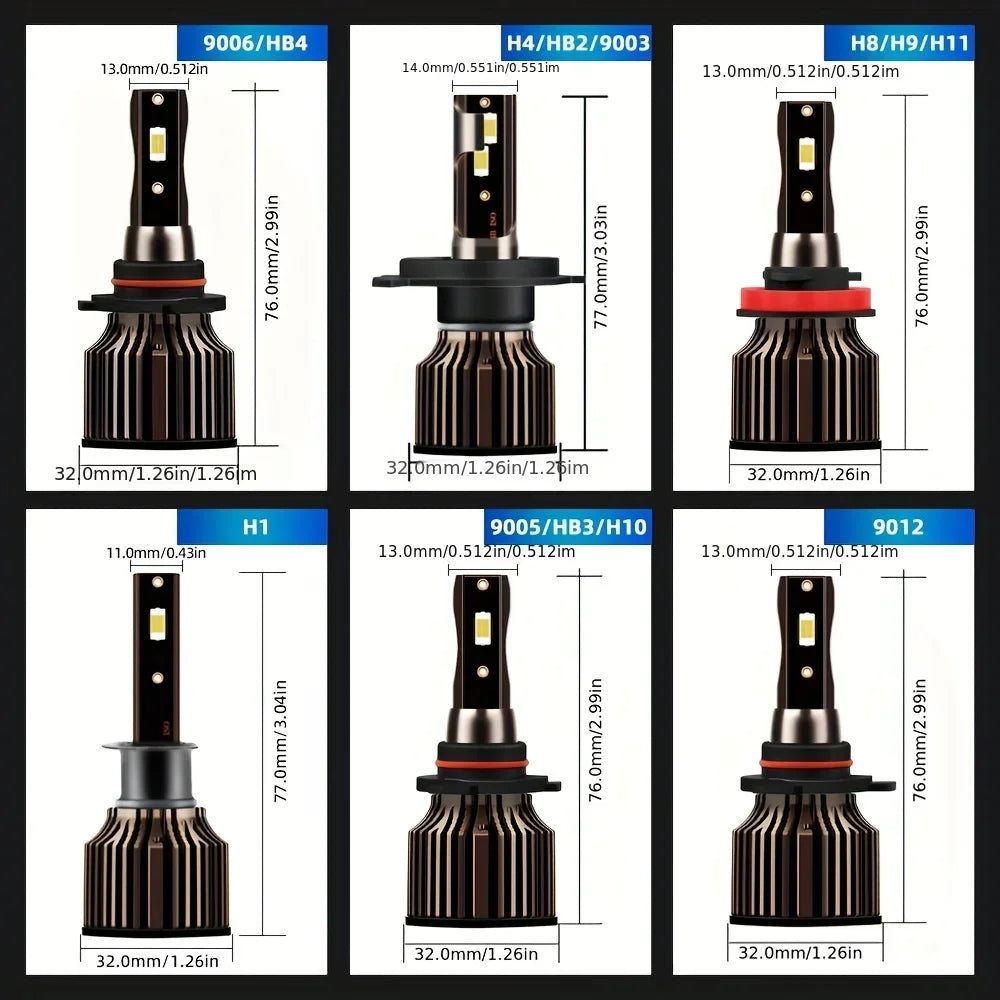 LED Car Bulbs 9004 9005 HB3 9006 HB4 9007 H13 H11 H7 H4 H3 H1 880 High Low Beam 20000LM 120W 80000 Hours Lifespan Plug and Play
