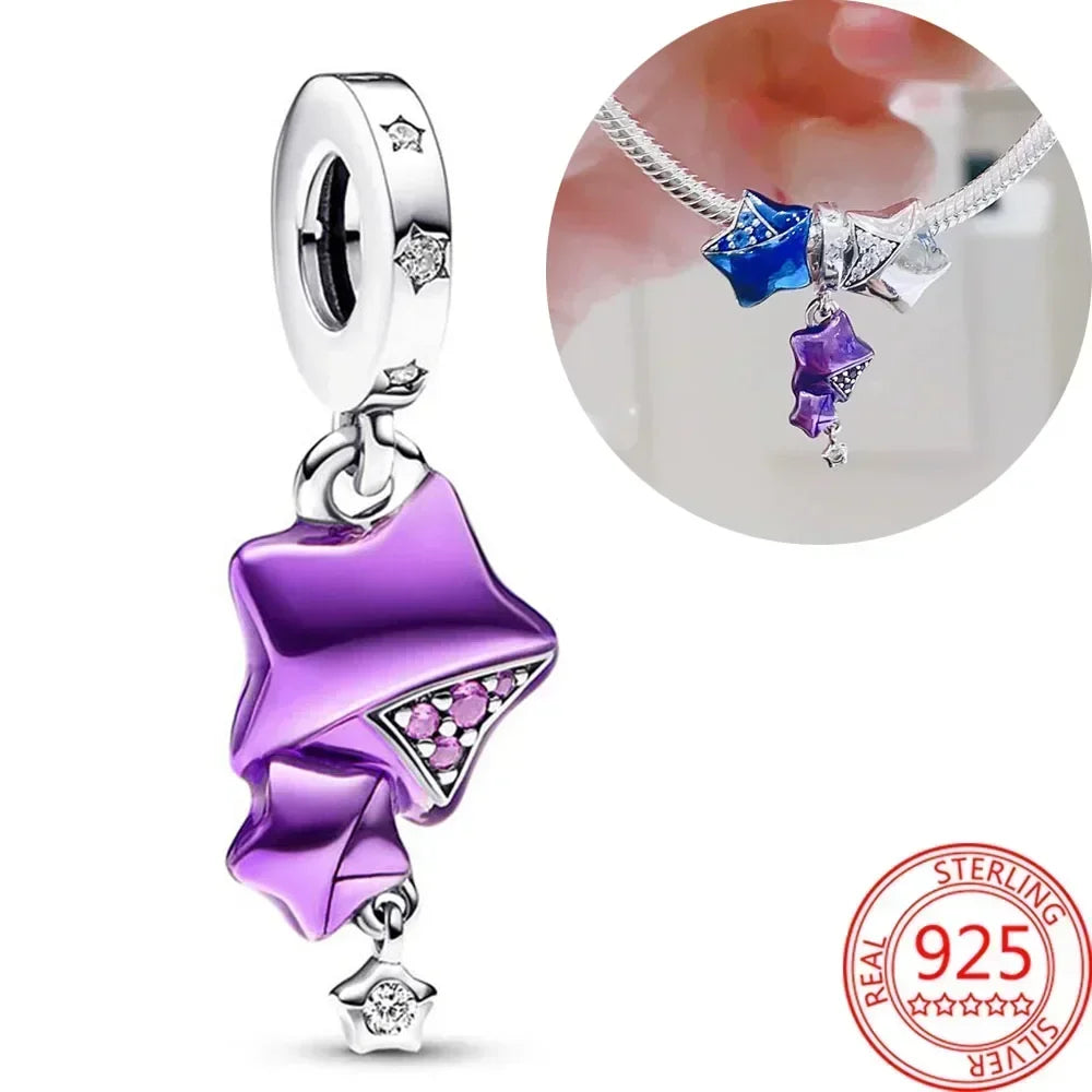 Sterling Silver Purple Murano Pansy Flower Dangle Charm for Women Bracelet and Necklace Jewelry Gift