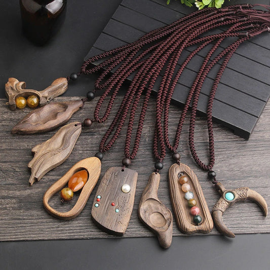 Vintage Long Sweater Chain Necklace for Women with Handmade Sandalwood Pendants in Ethnic Style