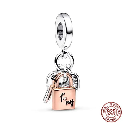 925 Sterling Silver Colorful Snowflake Heart Lock and Key Charms for DIY Necklace and Bracelet Jewelry Gifts