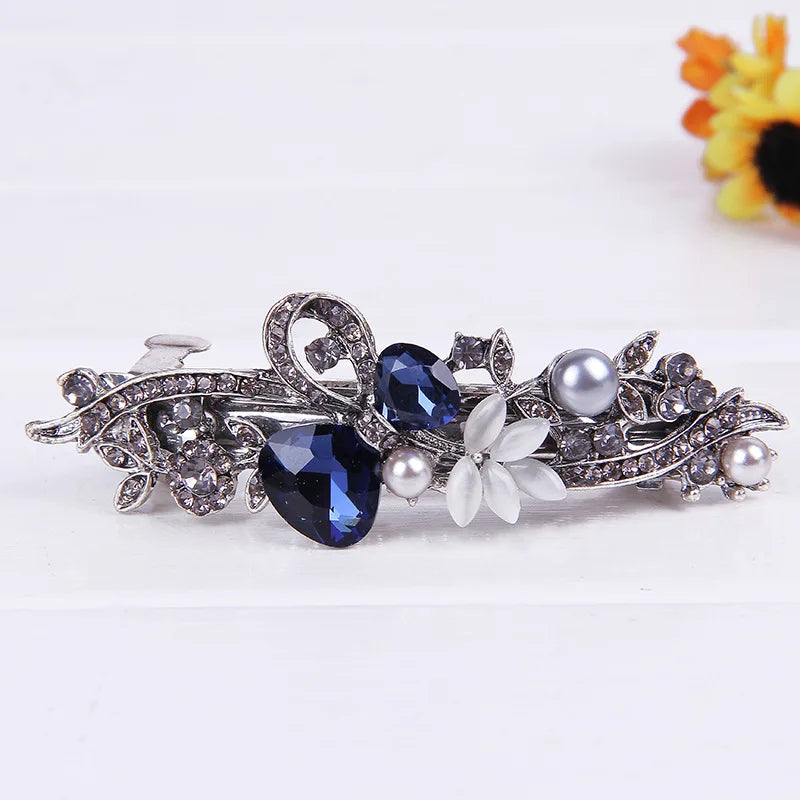 Elegant Red Crystal Flower Bow Hairpin With Vintage Blue Rhinestones