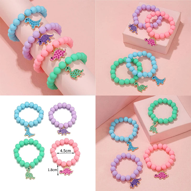 Adorable Cartoon Dinosaur Charm Elastic Bracelets for Girls Jewelry Gift Set
