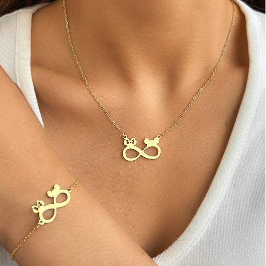 Stainless Steel Mickey Ears Pendant Necklace Set for Women Fashion Jewelry Perfect for Birthdays and Banquets
