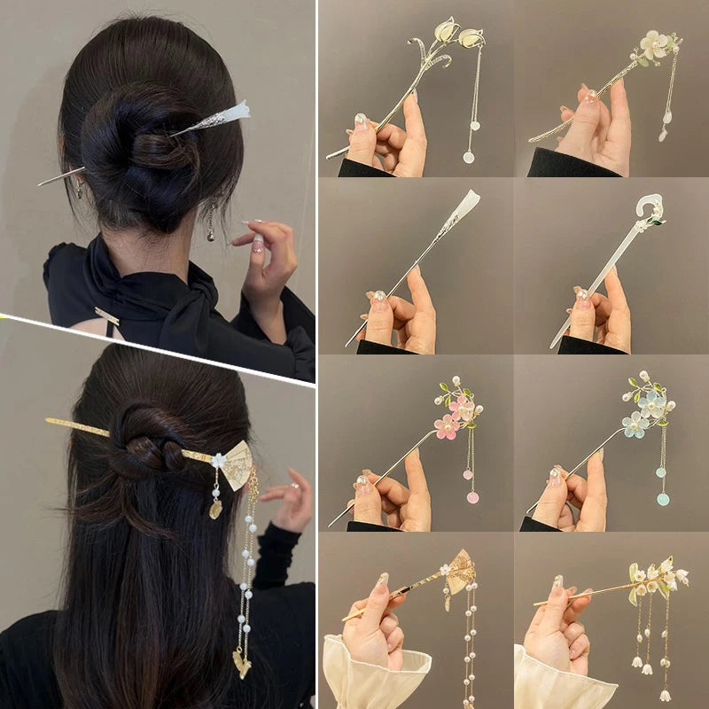 Elegant Chinese Tassel Hair Stick Floral Design Hairpin for Women