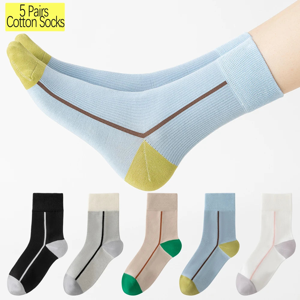 5 Pairs Womens Cotton Mid Calf Seamless Ventilated Socks