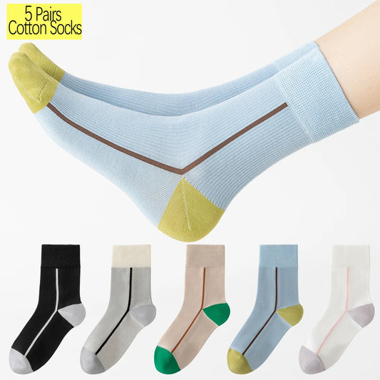 5 Pairs Womens Cotton Mid Calf Seamless Ventilated Socks