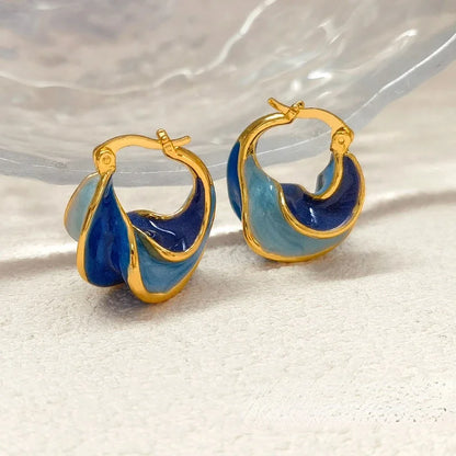 Gold Plated Enamel Wave Texture Hoop Earrings for Women