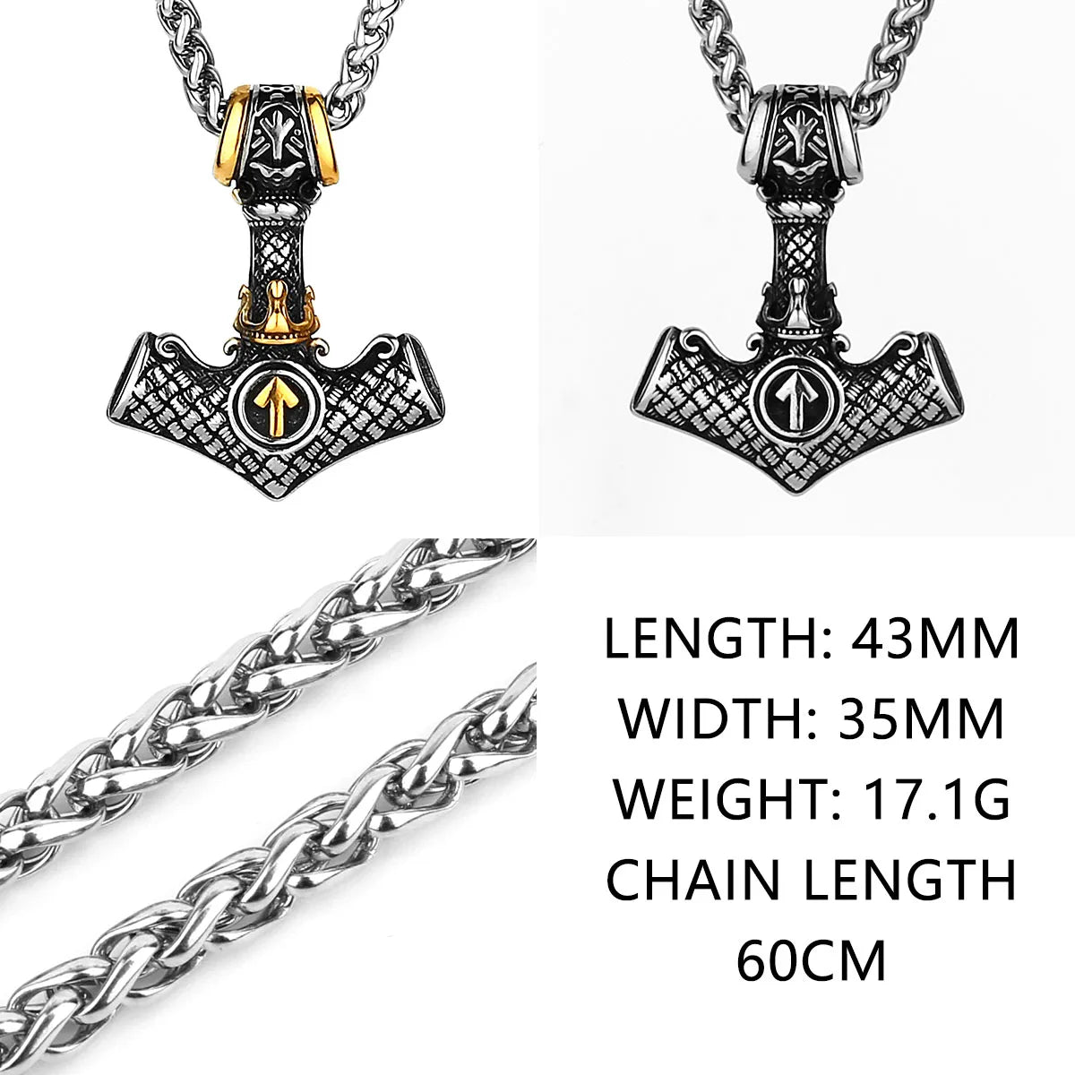 Nordic Viking Mjolnir Rune Necklace Stainless Steel Amulet Pendant for Men