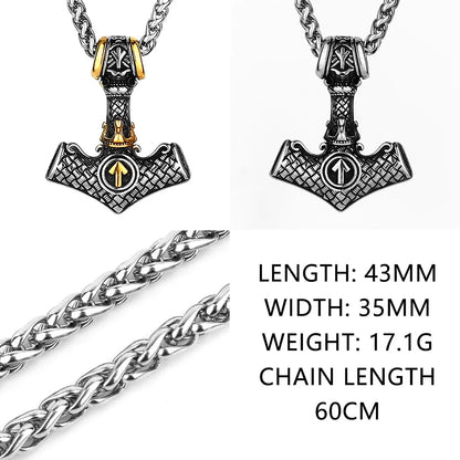 Nordic Viking Mjolnir Rune Necklace Stainless Steel Amulet Pendant for Men