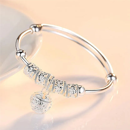 Fine 925 Sterling Silver Hollow Bells Ball Bangles Adjustable Bracelets for Women Stylish Holiday Gifts and Wedding Jewelry