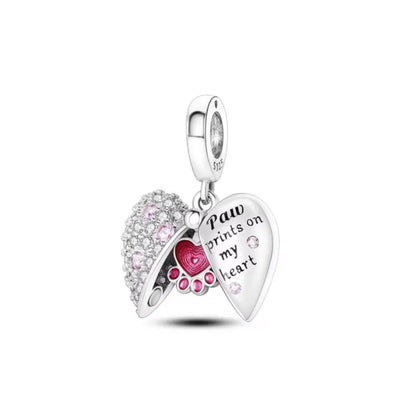 Sterling Silver Paw Print and Bone Charm Bead for Pet Bracelet Jewelry B4305