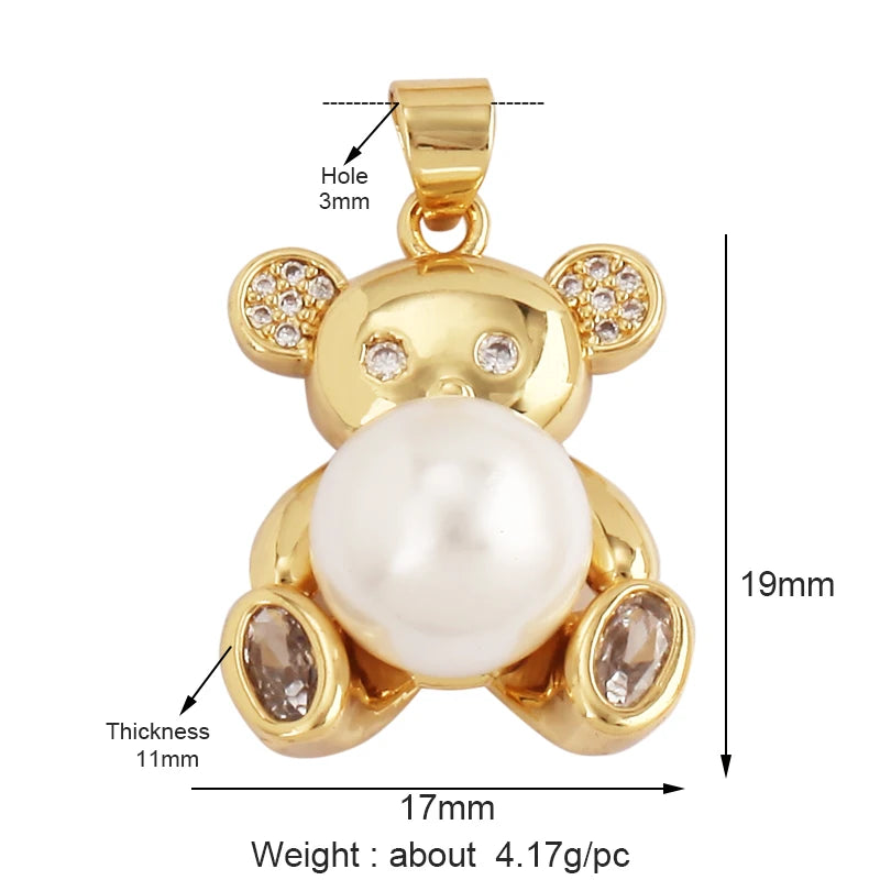 Cute Gold Bear Charm Pendant with Pearl Cubic Zirconia for Jewelry Making Supplies