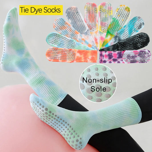 Tie Dye Yoga Socks 3 Pairs Anti Skid Cotton Blend Mid Calf
