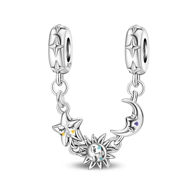 Luxury 925 Sterling Silver Clover Daisy Star Moon Zircon Pavé Safety Chain Bow Necklace and Bracelet Set for Women Fine Jewelry Gifts