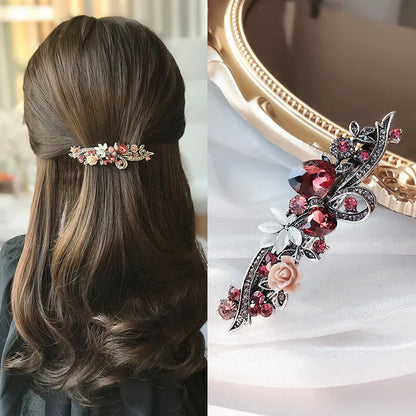 Elegant Red Crystal Flower Bow Hairpin With Vintage Blue Rhinestones