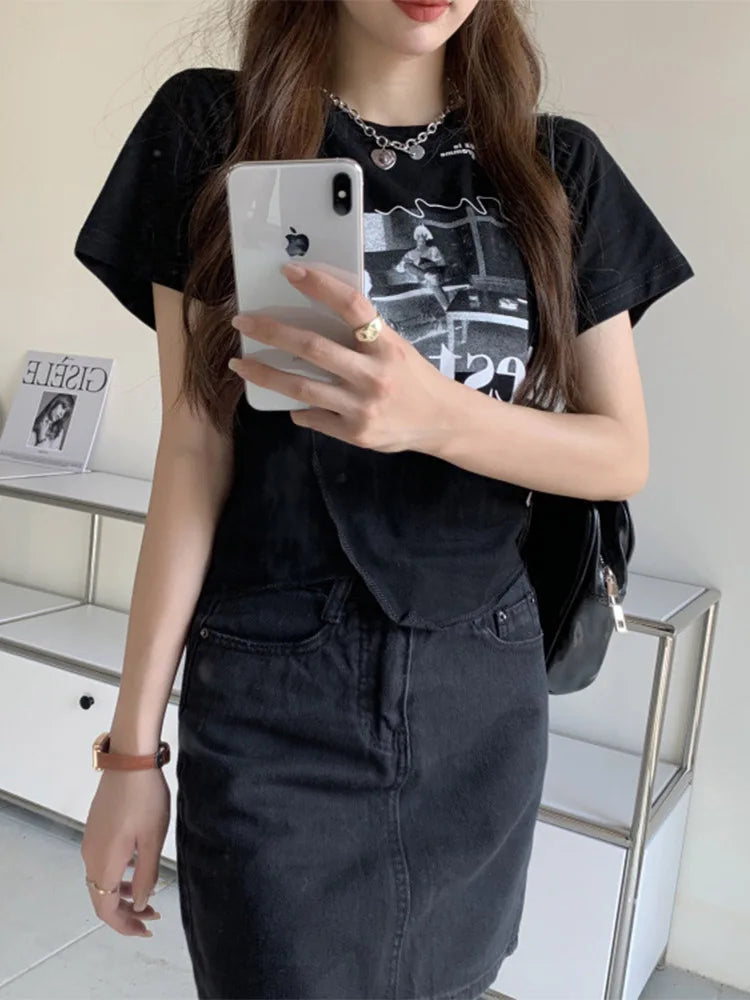 Korean Style Graphic T Shirt Women Short Sleeve Top Summer
