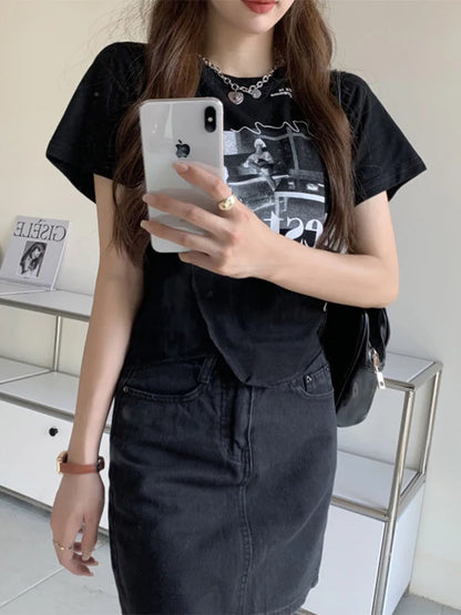 Korean Style Graphic T Shirt Women Short Sleeve Top Summer