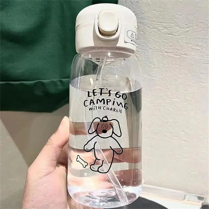 Large Portable Cartoon Straw Water Bottle Drop Resistant