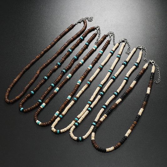 Men's Vintage Coconut Shell Turquoise Necklace Classic Surf Resort Style