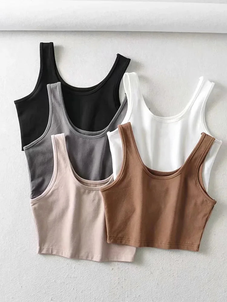 Sexy Women Summer Sleeveless Cotton Knit Crop Top U Collar