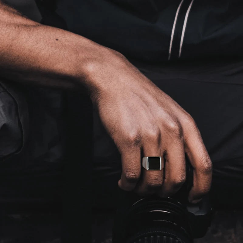 Vnox Black Stainless Steel Signet Ring for Men with Enamel Geometric Top