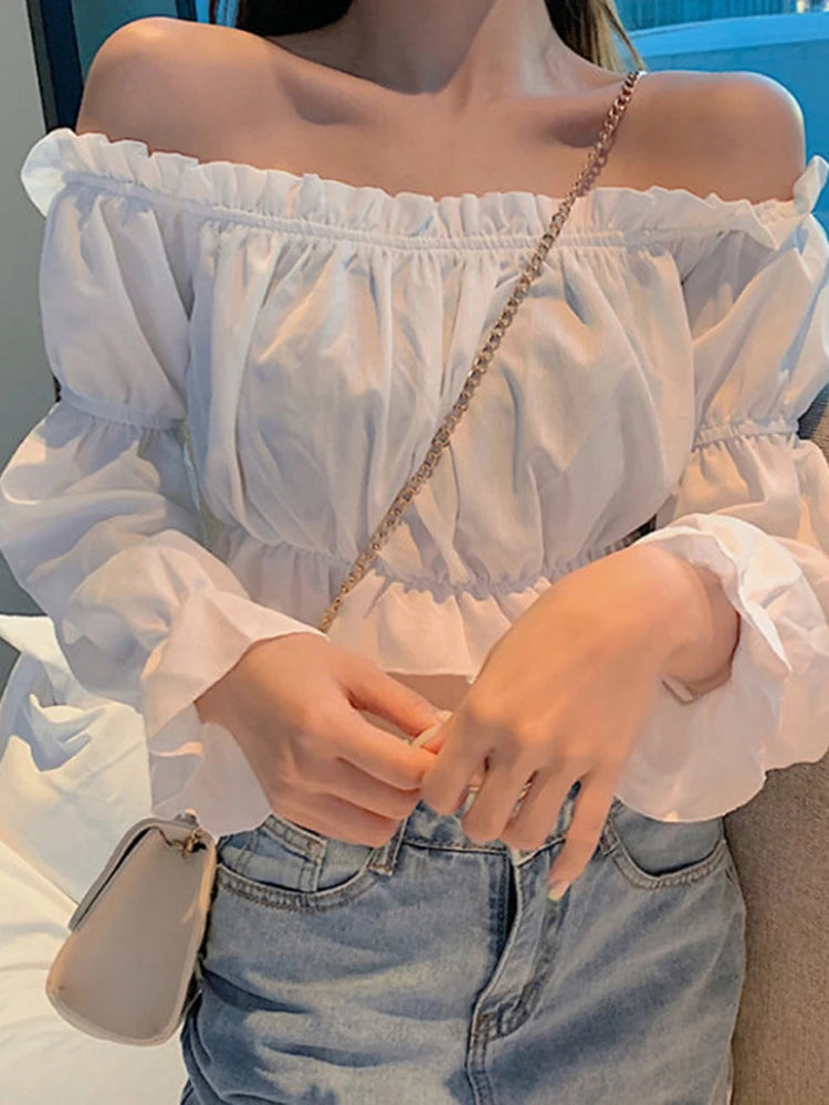 Off Shoulder White Crop Top With Puff Long Sleeve Ruffles