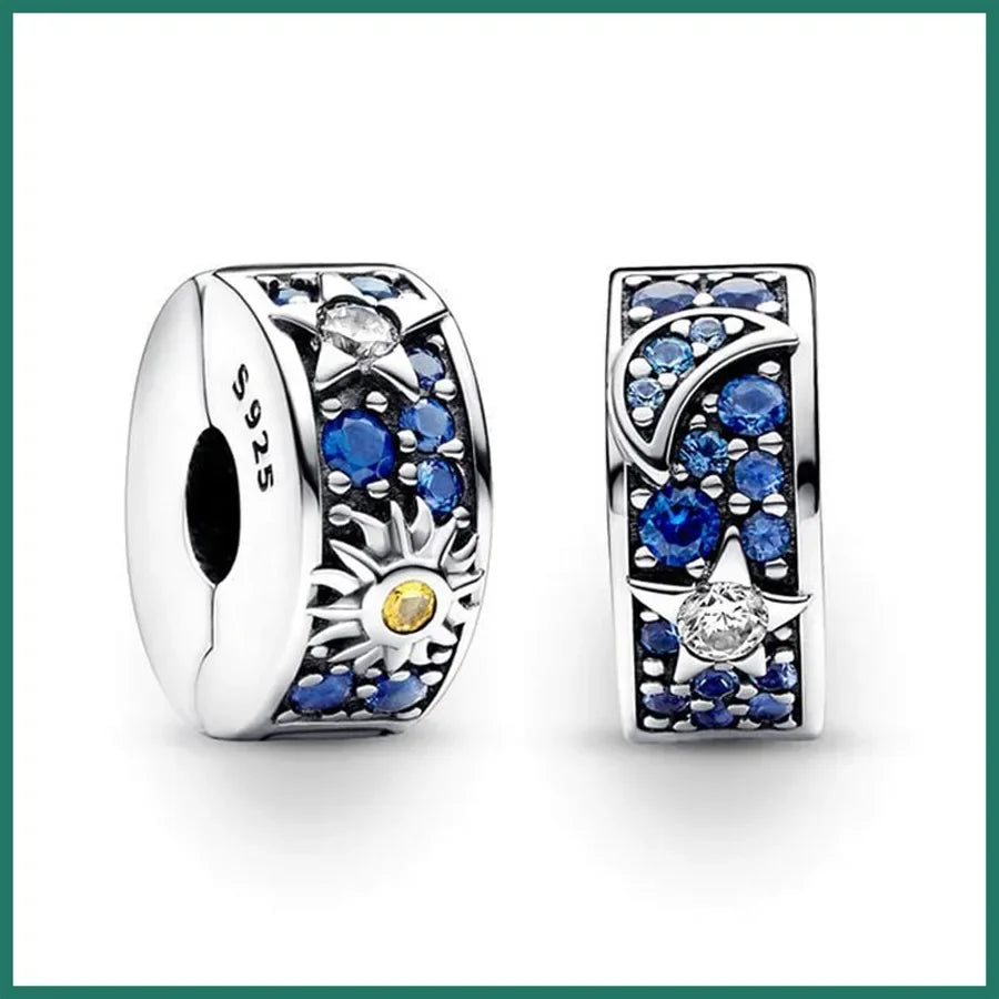 925 Sterling Silver Blue Star Gold Sun Pink Moon Zircon Beads Charms for DIY Jewelry Gifts