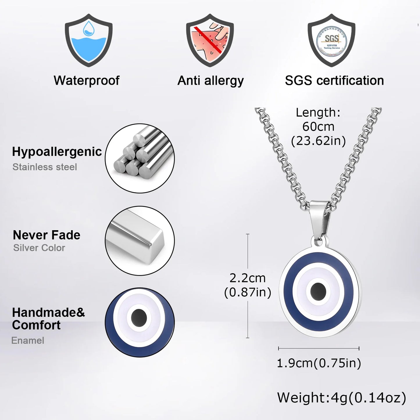 Men's Stainless Steel Evil Eye Necklace with Turkish Charm and Box Rope Chain