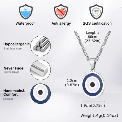 Men's Stainless Steel Evil Eye Necklace with Turkish Charm and Box Rope Chain
