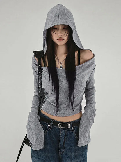 Dozw Hooded Cropped Tee for Women Y2K Streetwear Cotton