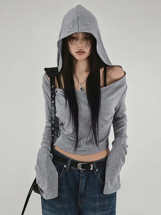 Dozw Hooded Cropped Tee for Women Y2K Streetwear Cotton
