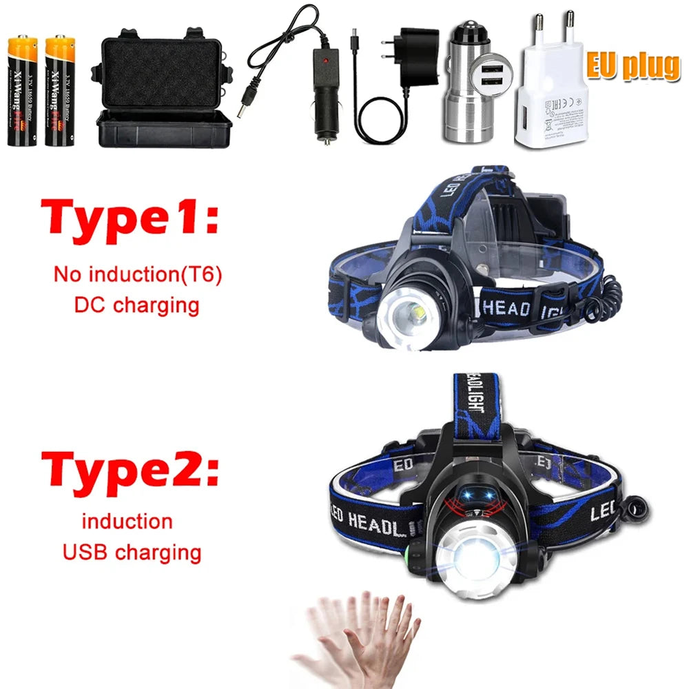 Super Bright LED Induction Headlamp USB Rechargeable Waterproof Torch