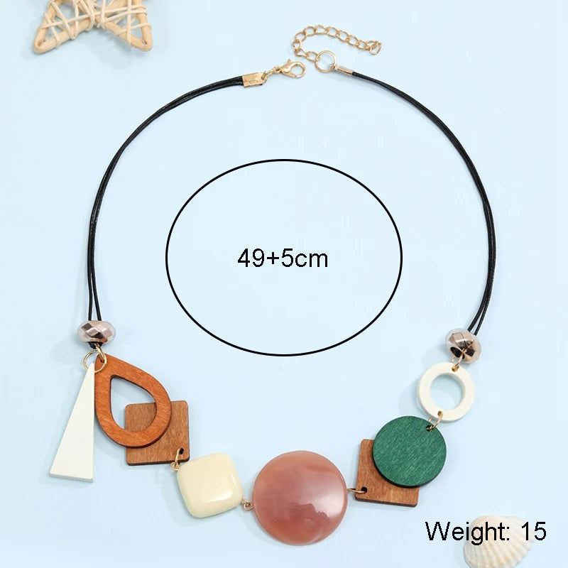 Vintage Wooden Geometric Pendant Necklace for Women Ethnic Handmade Statement Jewelry