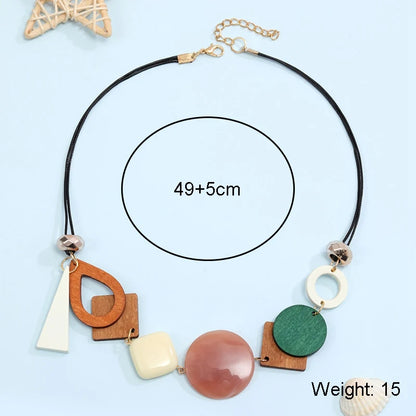 Vintage Wooden Geometric Pendant Necklace for Women Ethnic Handmade Statement Jewelry