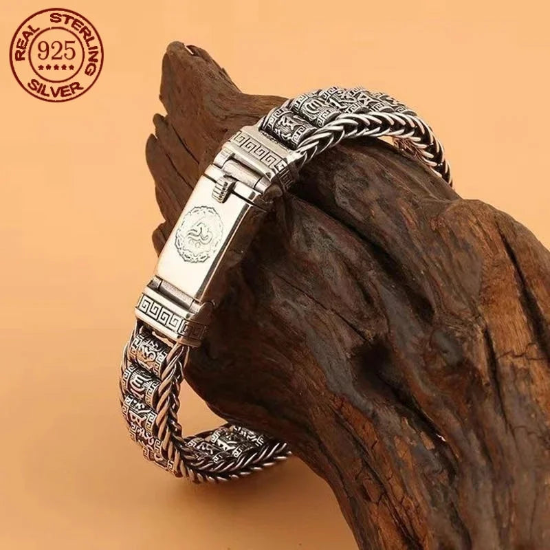Vintage Silver Six-Character Mantra Bracelet for Men and Women