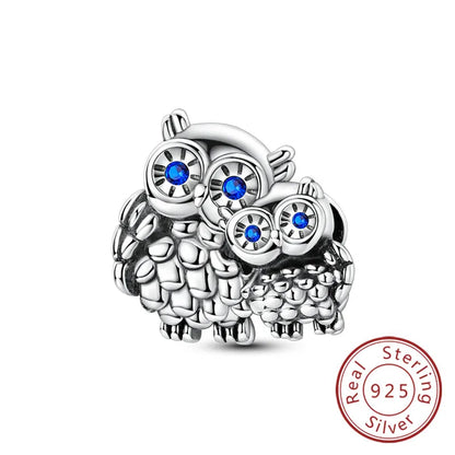 925 Sterling Silver Owl Bow Zircon Charm Beads Pendant