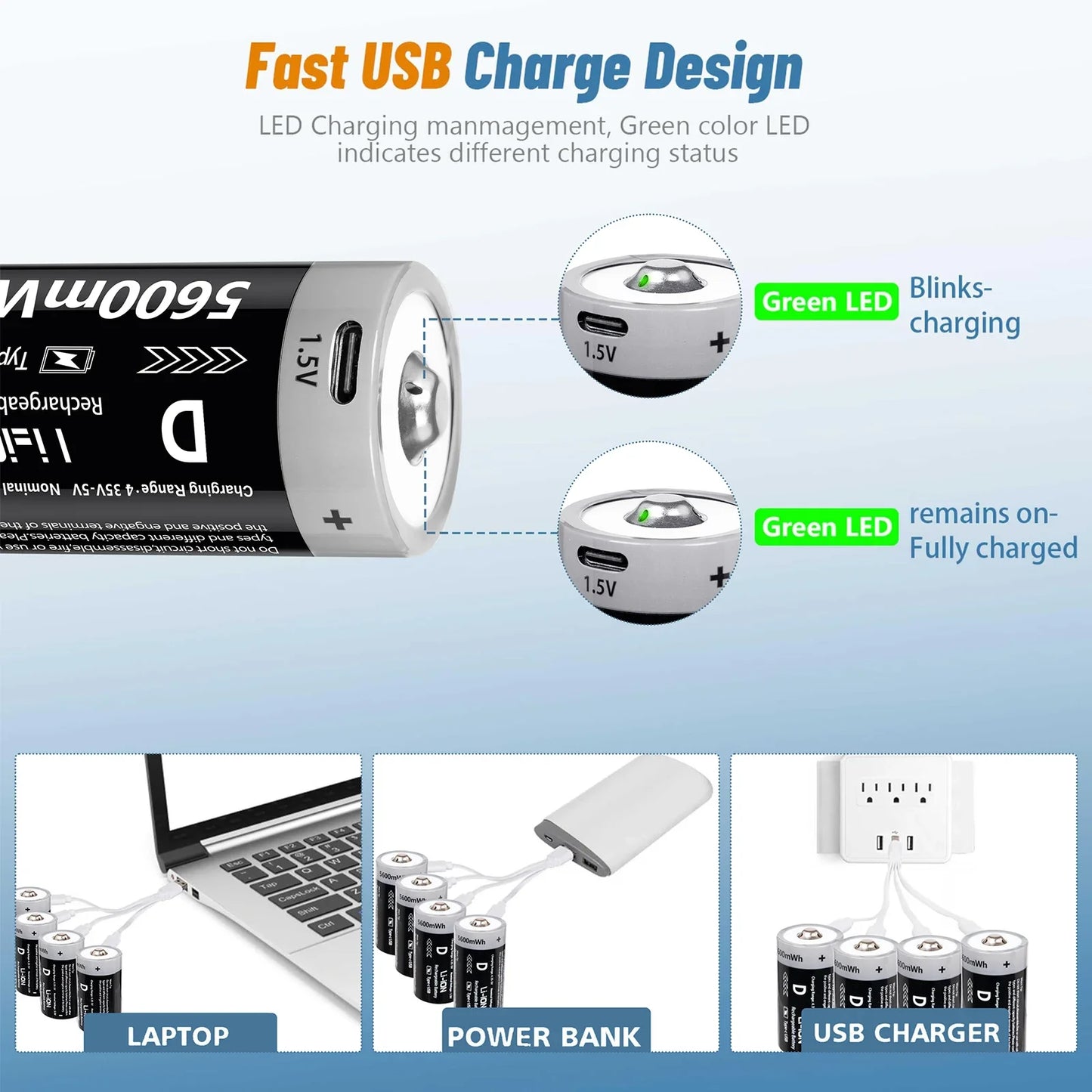 AIPEKE 2-10PC USB 5600mWh D Size Rechargeable Lithium Batteries D SIZE 5600mWh 10PC 1.5V