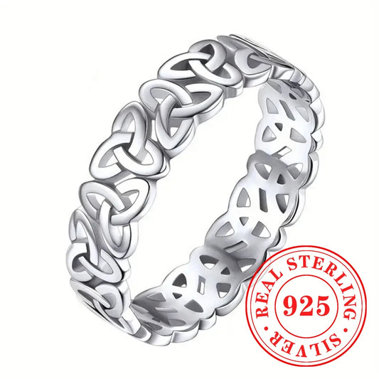 Huitan Glossy Sterling Silver Irish Knot Ring for Women - Exquisite Hollow Pattern Wedding Jewelry