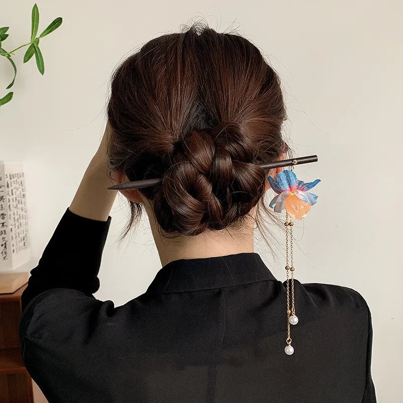 Vintage Luminous Tassel Hairpin Wooden Hanfu Hair Stick Elegant Chinese Headdress Gift