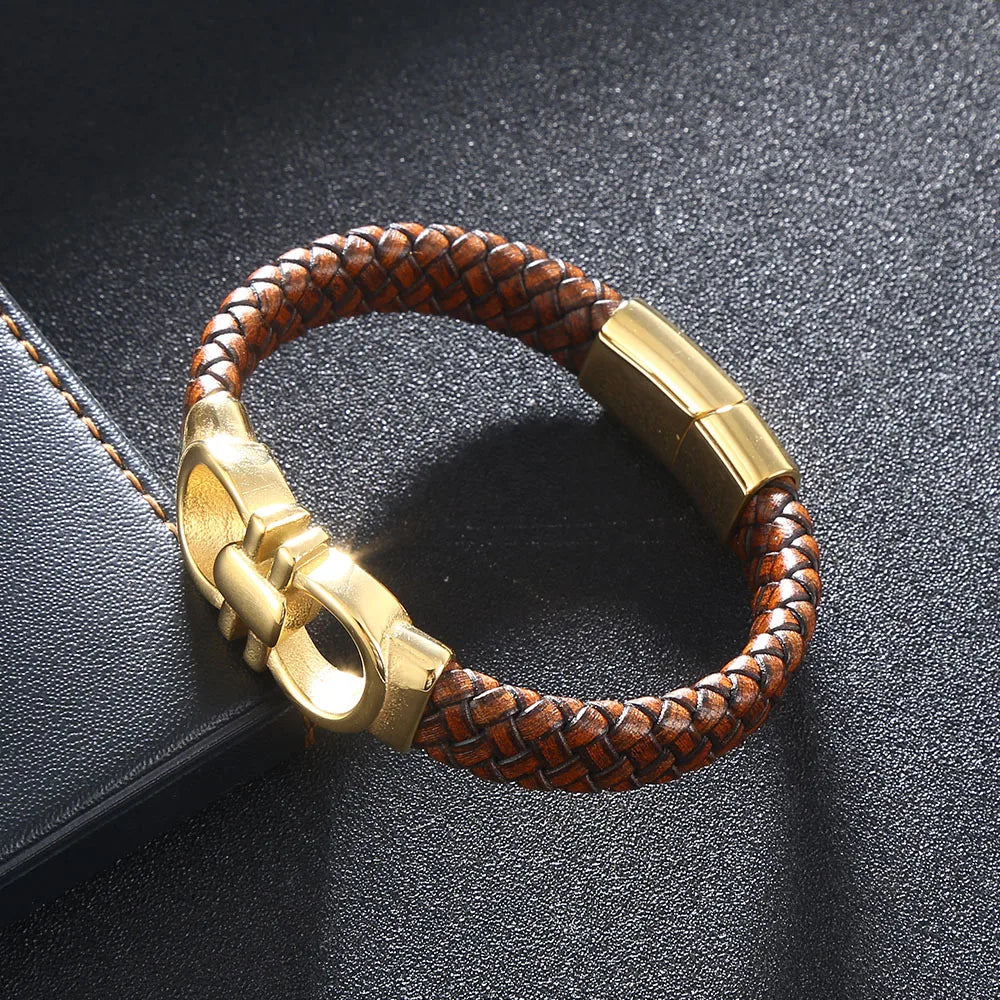 Men's Leather Punk Rock Bracelet with Stainless Steel Fashion Buckle