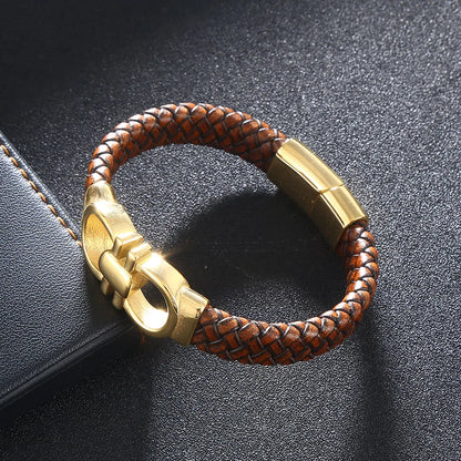 Men's Leather Punk Rock Bracelet with Stainless Steel Fashion Buckle