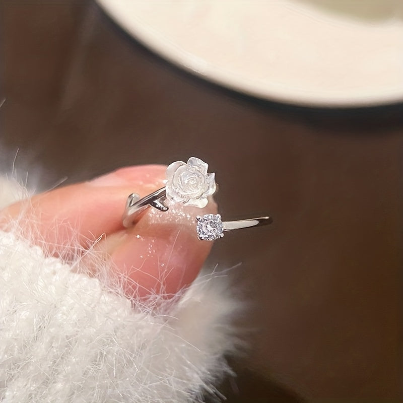 Camellia Flower Adjustable Open Ring with Synthetic Gems for Daily Charm