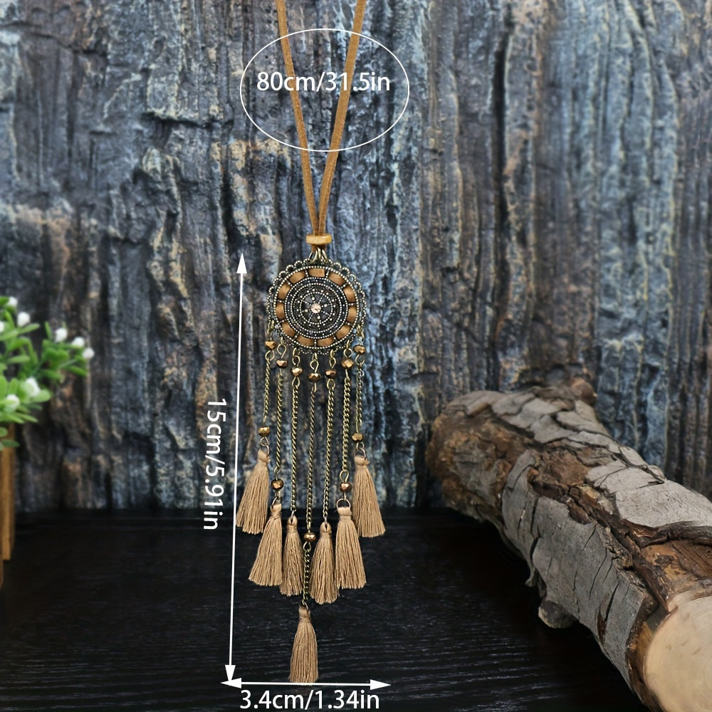 Brown Boho Pendant Necklace with Rhinestone Accents and Khaki Tassel Chain