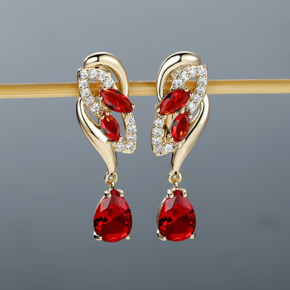 Angol Elegant Flower Dangle Earrings for Women with Golden-Tone Floral Design and Red Gemstones