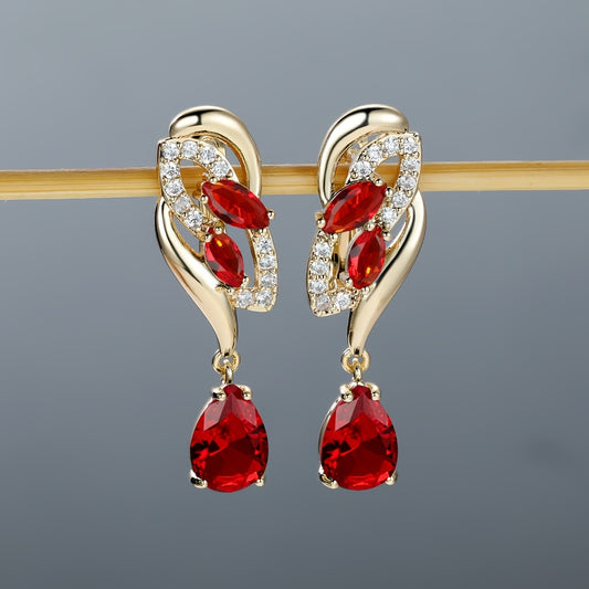 Angol Elegant Flower Dangle Earrings for Women with Golden-Tone Floral Design and Red Gemstones