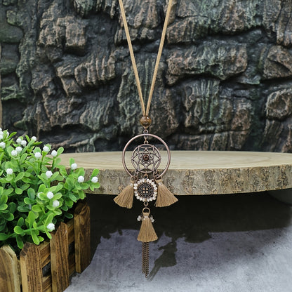 Brown Boho Pendant Necklace with Rhinestone Accents and Khaki Tassel Chain