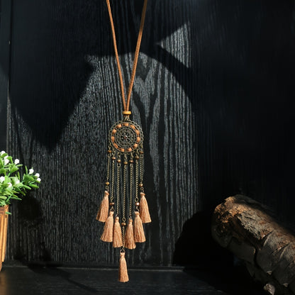 Brown Boho Pendant Necklace with Rhinestone Accents and Khaki Tassel Chain
